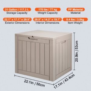 outdoor storage box, 31 gallon resin deck box, backyard outside toy and towel storage cabinet waterproof, for patio furniture cushions, garden tools, pool supplies & package delivery (grey)