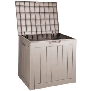 outdoor storage box, 31 gallon resin deck box, backyard outside toy and towel storage cabinet waterproof, for patio furniture cushions, garden tools, pool supplies & package delivery (grey)