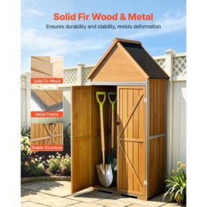 outdoor storage shed, 44.09" x 66.93" wood & metal garden tool shed with lockable doors & sloped roof, waterproof outside storage cabinet with shelves & floor for backyard patio lawn, brown