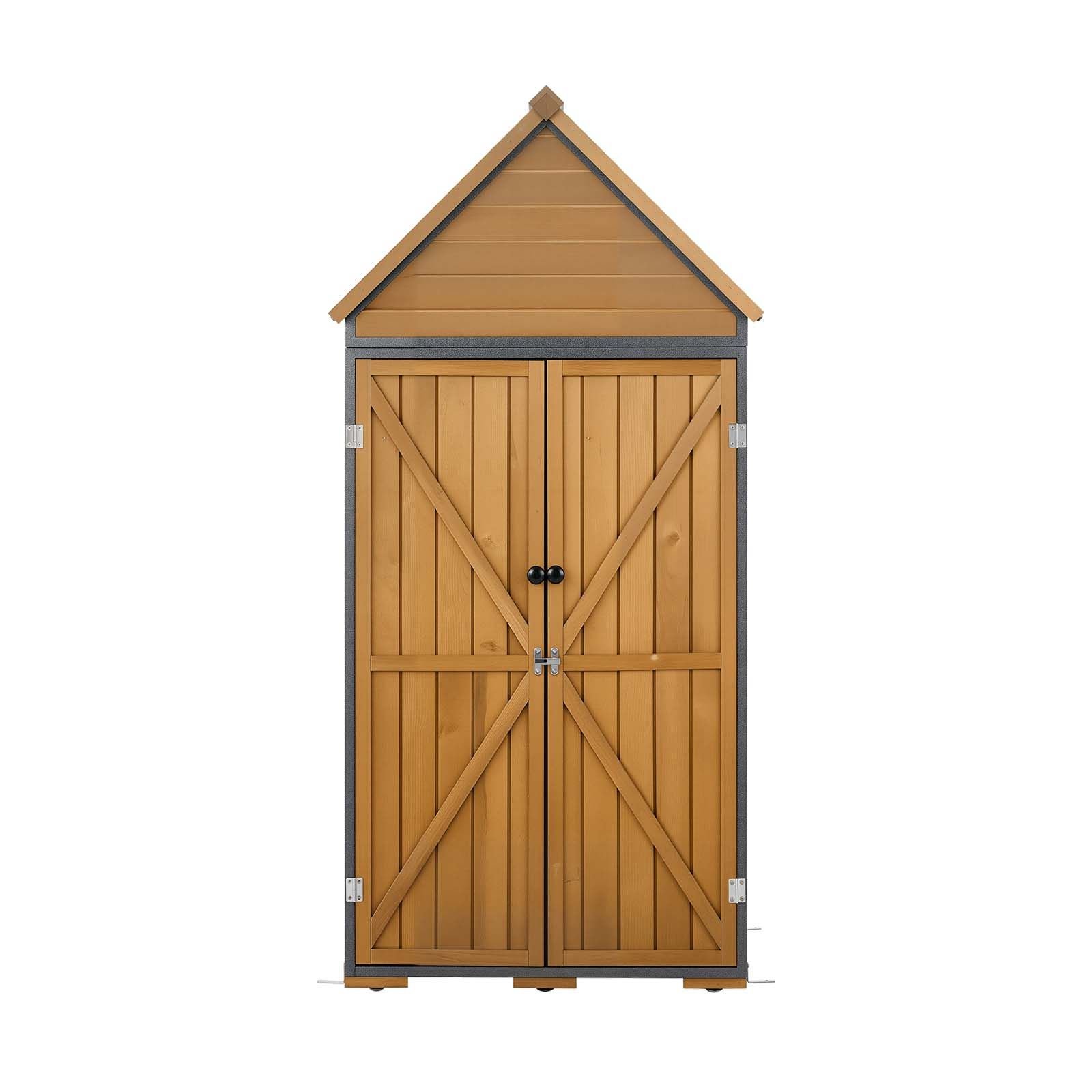 outdoor storage shed, 44.09" x 66.93" wood & metal garden tool shed with lockable doors & sloped roof, waterproof outside storage cabinet with shelves & floor for backyard patio lawn, brown