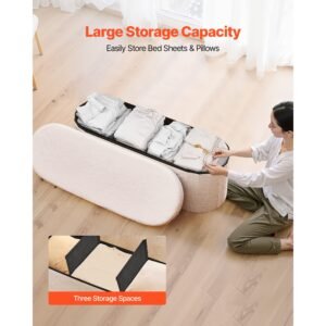 oval storage ottoman bench, foldable teddy fleece end of bed bench, folding upholstered bed ottoman chest with large storage space, supports 660 lbs, for living room, bedroom, entryway, beige