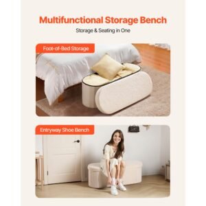 oval storage ottoman bench, foldable teddy fleece end of bed bench, folding upholstered bed ottoman chest with large storage space, supports 660 lbs, for living room, bedroom, entryway, beige