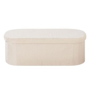 Oval Storage Ottoman Bench, Foldable Teddy Fleece End of Bed Bench, Folding Upholstered Bed Ottoman Chest with Large Storage Space, Supports 660 lbs, for Living Room, Bedroom, Entryway, Beige
