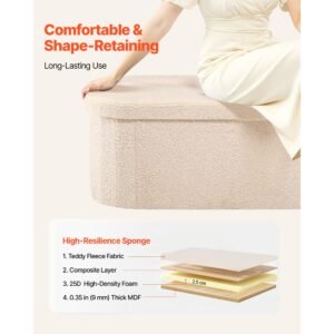 oval storage ottoman bench, foldable teddy fleece end of bed bench, folding upholstered bed ottoman chest with large storage space, supports 660 lbs, for living room, bedroom, entryway, beige