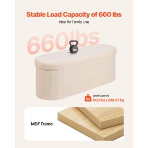 oval storage ottoman bench, foldable teddy fleece end of bed bench, folding upholstered bed ottoman chest with large storage space, supports 660 lbs, for living room, bedroom, entryway, beige