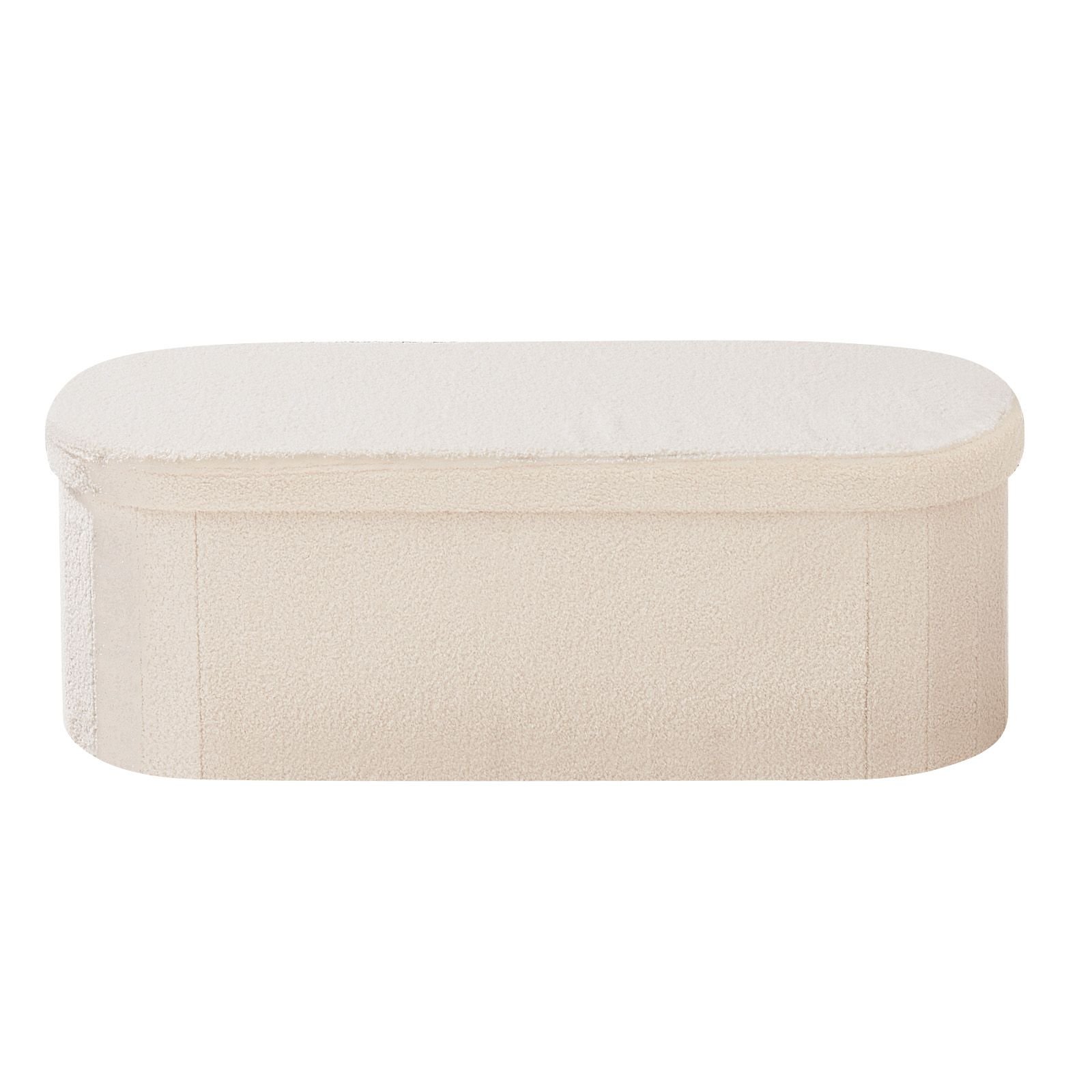 oval storage ottoman bench, foldable teddy fleece end of bed bench, folding upholstered bed ottoman chest with large storage space, supports 660 lbs, for living room, bedroom, entryway, beige