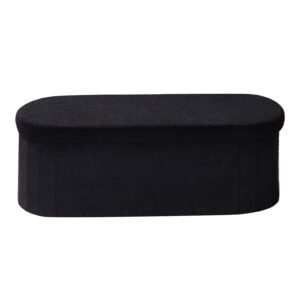 Oval Storage Ottoman Bench, Foldable Teddy Fleece End of Bed Bench, Folding Upholstered Bed Ottoman Chest with Large Storage Space, Supports 660 lbs, for Living Room, Bedroom, Entryway, Black