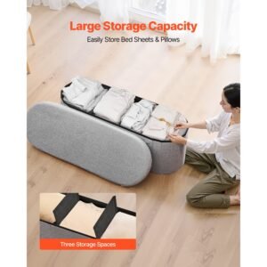 oval storage ottoman bench, foldable teddy fleece end of bed bench, folding upholstered bed ottoman chest with large storage space, supports 660 lbs, for living room, bedroom, entryway, grey