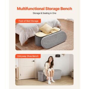 oval storage ottoman bench, foldable teddy fleece end of bed bench, folding upholstered bed ottoman chest with large storage space, supports 660 lbs, for living room, bedroom, entryway, grey