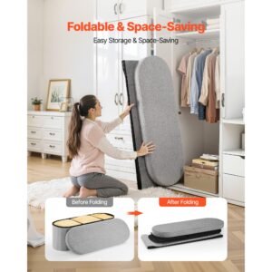 oval storage ottoman bench, foldable teddy fleece end of bed bench, folding upholstered bed ottoman chest with large storage space, supports 660 lbs, for living room, bedroom, entryway, grey