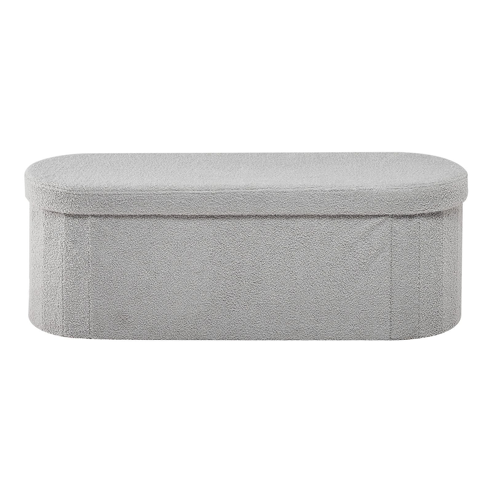 oval storage ottoman bench, foldable teddy fleece end of bed bench, folding upholstered bed ottoman chest with large storage space, supports 660 lbs, for living room, bedroom, entryway, grey