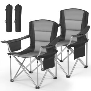 Oversized Camping Chairs, 450 lbs Heavy Duty Support, Portable Folding Camp Chairs with Padded Backrest & Armrests, Cup Holder & Side Pocket, Cooler Bag, Carry Bags for Outdoor, Fishing, 2 Pack