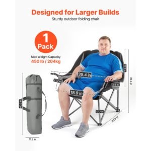 oversized camping chairs, 450 lbs heavy duty support, portable padded folding camp chairs with dual cup holders & wine glass holders, carry bag for outdoor, fishing, black & gray, 1 pack