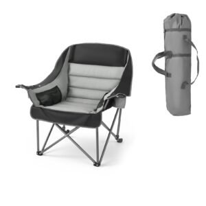 Oversized Camping Chairs, 450 lbs Heavy Duty Support, Portable Padded Folding Camp Chairs with Dual Cup Holders & Wine Glass Holders, Carry Bag for Outdoor, Fishing, Black & Gray, 1 Pack