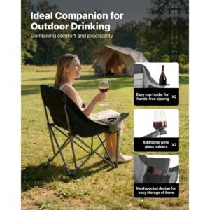 oversized camping chairs, 450 lbs heavy duty support, portable padded folding camp chairs with dual cup holders & wine glass holders, carry bag for outdoor, fishing, black & gray, 1 pack