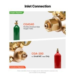 oxygen acetylene regulator set, oxy acetylene regulators, 0 4000psi and 0 400psi welding gas gauges with cga 540/cga 200 inlet connection & 3/8" 24 outlet connection, t handle adjustment