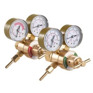 Oxygen Acetylene Regulator Set, Oxy-Acetylene Regulators, 0-4000PSI and 0-400PSI Welding Gas Gauges with CGA-540/CGA-200 Inlet Connection & 3/8"-24 Outlet Connection, T-Handle Adjustment