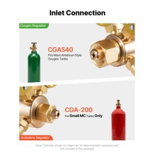 oxygen acetylene regulator set, oxy acetylene regulators, 0 4000psi and 0 400psi welding gas gauges with cga 540/cga 200 inlet connection & 9/16" 18 outlet connection, pc knob adjustment