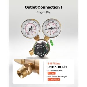 oxygen acetylene regulator set, oxy acetylene regulators, 0 4000psi and 0 400psi welding gas gauges with cga 540/cga 200 inlet connection & 9/16" 18 outlet connection, pc knob adjustment