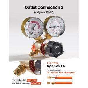 oxygen acetylene regulator set, oxy acetylene regulators, 0 4000psi and 0 400psi welding gas gauges with cga 540/cga 200 inlet connection & 9/16" 18 outlet connection, pc knob adjustment