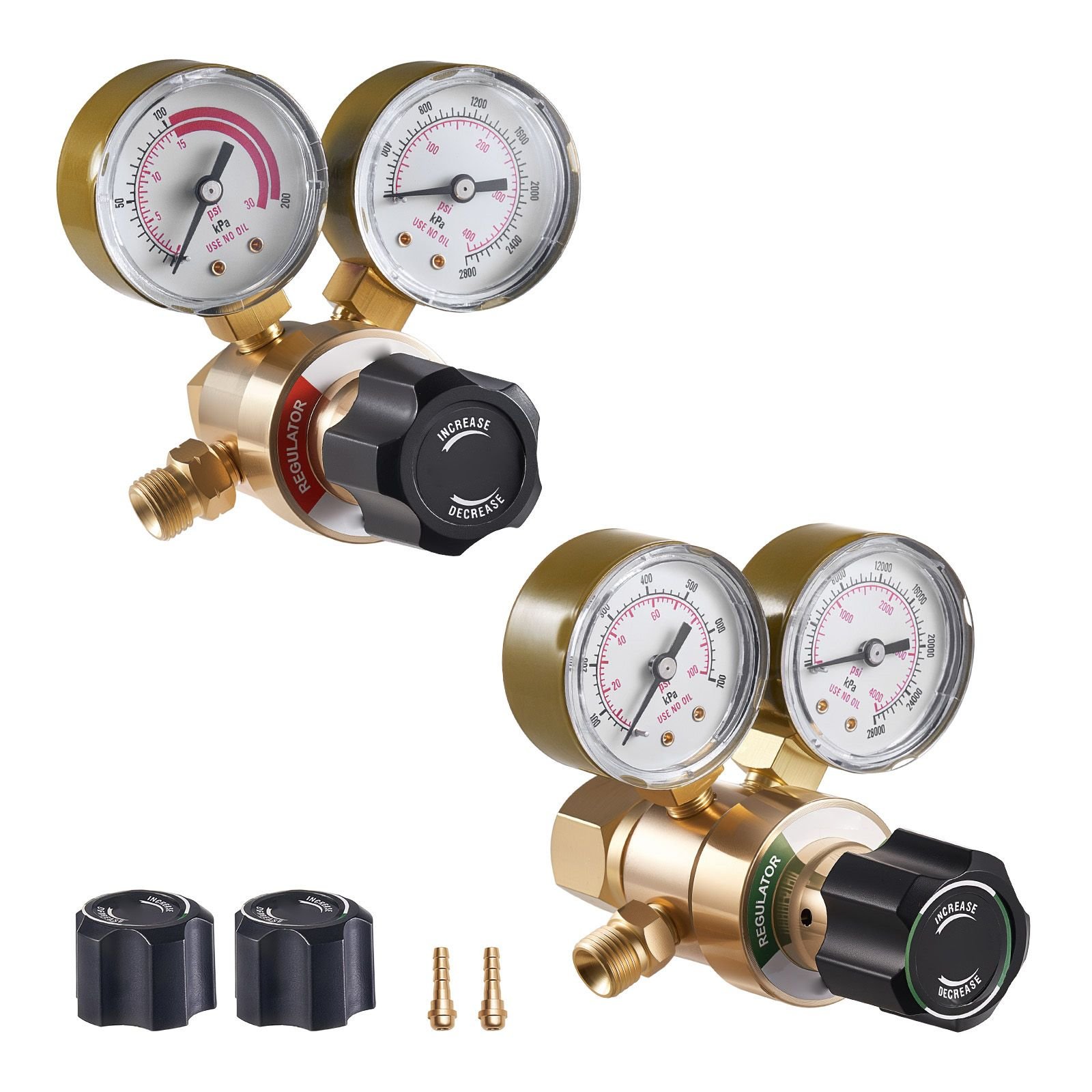 oxygen acetylene regulator set, oxy acetylene regulators, 0 4000psi and 0 400psi welding gas gauges with cga 540/cga 200 inlet connection & 9/16" 18 outlet connection, pc knob adjustment