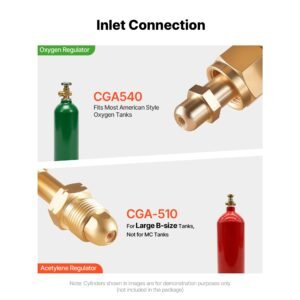 oxygen acetylene regulator set, oxy acetylene regulators, 0 4000psi and 0 400psi welding gas gauges with cga 540/cga 510 inlet connection & 9/16" 18 outlet connection, pc knob adjustment
