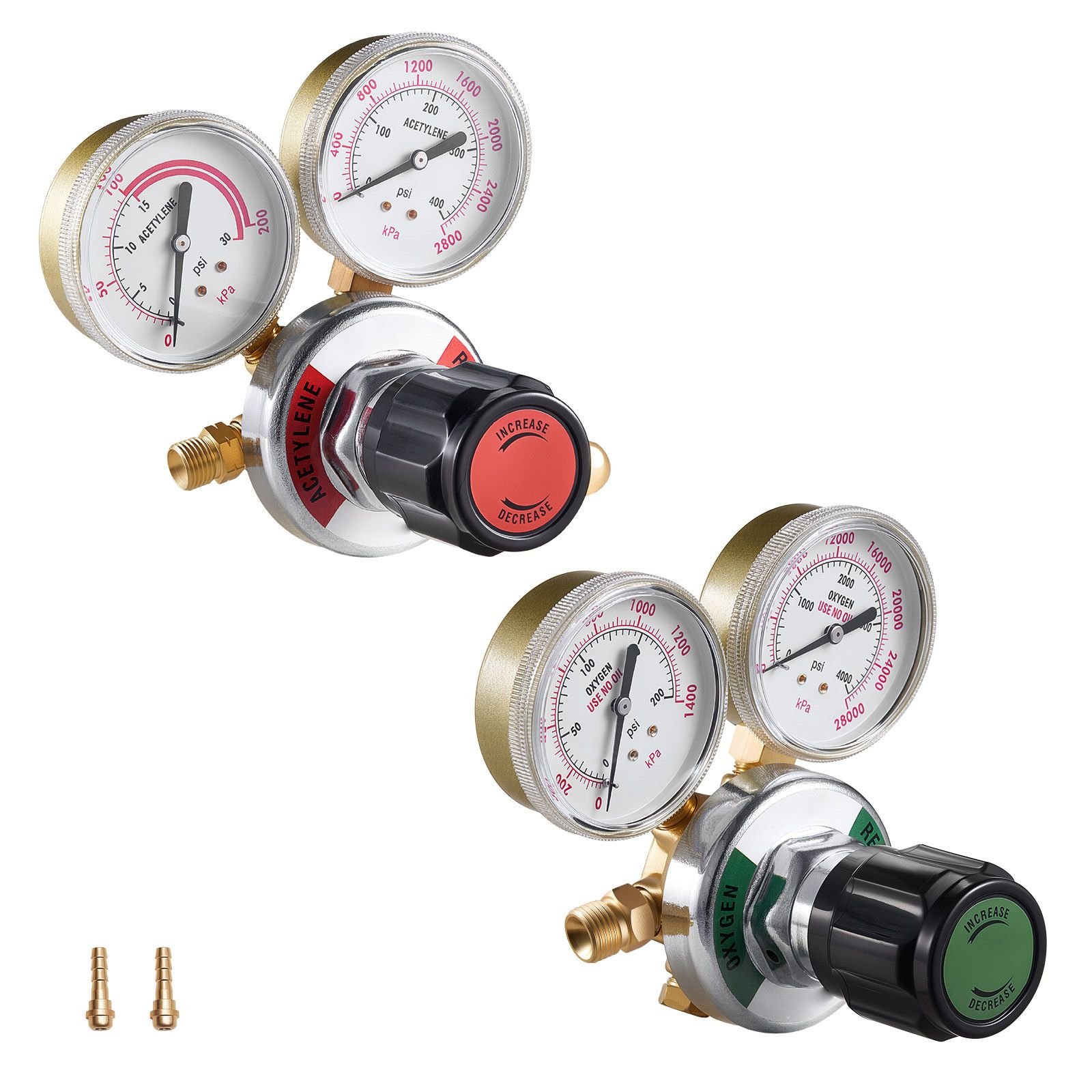oxygen acetylene regulator set, oxy acetylene regulators, 0 4000psi and 0 400psi welding gas gauges with cga 540/cga 510 inlet connection & 9/16" 18 outlet connection, pc knob adjustment