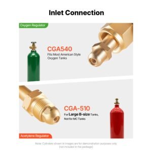 oxygen acetylene regulator set, oxy acetylene regulators, 0 4000psi and 0 400psi welding gas gauges with cga 540/cga 510 inlet connection & 9/16" 18 outlet connection, t handle adjustment