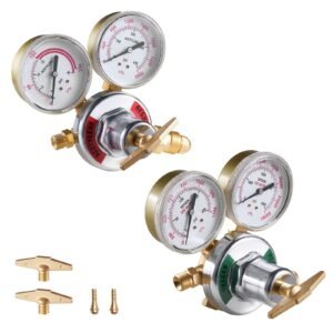 Oxygen Acetylene Regulator Set, Oxy-Acetylene Regulators, 0-4000PSI and 0-400PSI Welding Gas Gauges with CGA-540/CGA-510 Inlet Connection & 9/16"-18 Outlet Connection, T-Handle Adjustment