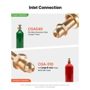 oxygen acetylene regulator set, oxy acetylene regulators, 0 4000psi and 0 500psi welding gas gauges with cga 540/cga 510 inlet connection & 9/16" 18 outlet connection, pc knob adjustment