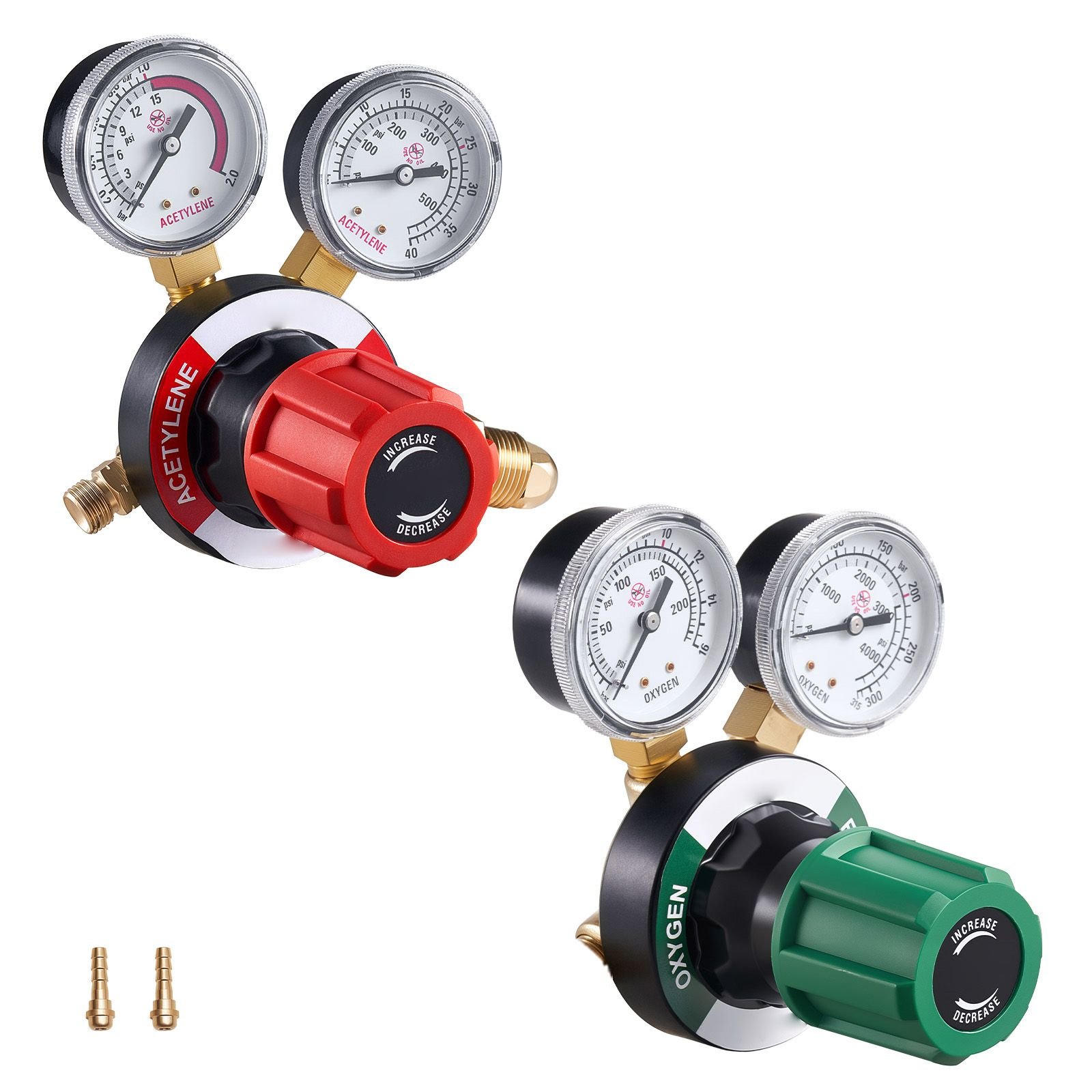 oxygen acetylene regulator set, oxy acetylene regulators, 0 4000psi and 0 500psi welding gas gauges with cga 540/cga 510 inlet connection & 9/16" 18 outlet connection, pc knob adjustment