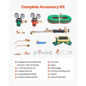 oxygen acetylene torch kit with check valves, gas welding cutting torch kit, heavy duty professional oxy acetylene brazing set with 15ft twin hose, 2 cutting tips, welding tips & gas regulators