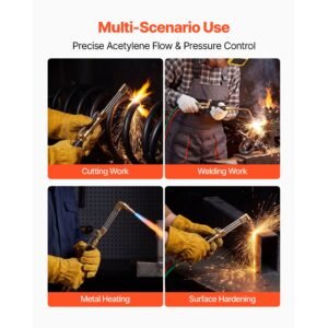 oxygen acetylene torch kit with check valves, gas welding cutting torch kit, heavy duty professional oxy acetylene brazing set with 15ft twin hose, 2 cutting tips, welding tips & gas regulators