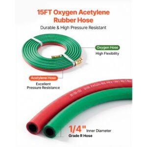 oxygen acetylene torch kit with check valves, gas welding cutting torch kit, portable oxy acetylene brazing set with 15ft twin hose, 1 cutting tip, 3 welding tips, 2 gas regulators & toolbox
