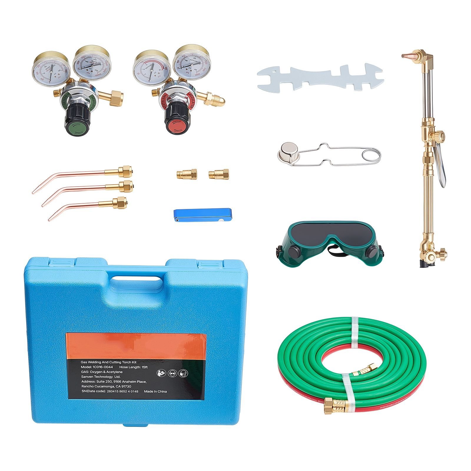 oxygen acetylene torch kit with check valves, gas welding cutting torch kit, portable oxy acetylene brazing set with 15ft twin hose, 1 cutting tip, 3 welding tips, 2 gas regulators & toolbox