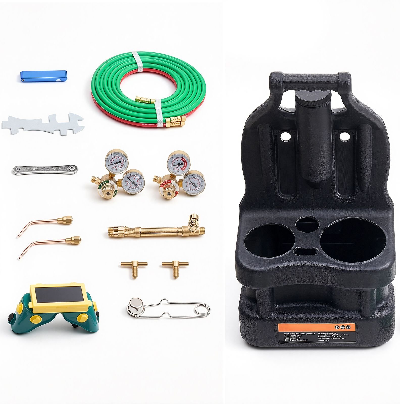 oxygen acetylene torch kit with check valves, gas welding torch kit, portable oxy acetylene brazing set with 15ft twin hose, 2 welding tips, 2 regulators & cylinder holder for metalworking