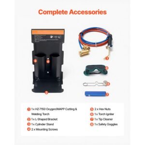 oxygen propane torch kit, brass welding torch for oxygen mapp gas with dual pressure gauges, portable oxy propane mapp brazing tool kit with cylinder rack for welding, soldering, metal heating