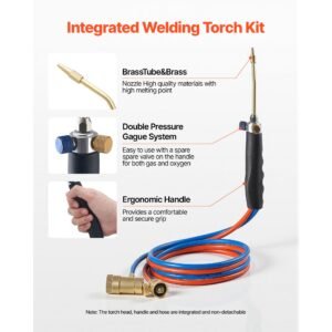oxygen propane torch kit, brass welding torch for oxygen mapp gas with dual pressure gauges, portable oxy propane mapp brazing tool kit with cylinder rack for welding, soldering, metal heating