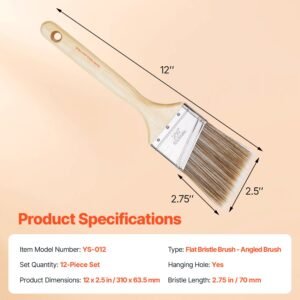 paint brushes, 12 piece angle paint brush, treated wood handle, paint brush set for all latex and oil paints & stains, wood stain brushes for cabinets, walls, fences, interior & exterior use