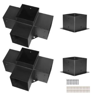 Pergola Bracket Kit, 6x6 Inch (Inner Size 5.5x5.5), 2 Pcs 4-Way Heavy Duty Corner Bracket Woodworks DIY Post Base Kit, Easy Installation Wooden Beams for Gazebos, Patio Pergolas, Log Cabin