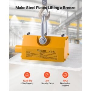 permanent magnetic lifter, 1320 lbs pulling capacity, heavy duty n42 neodymium lifting magnet with release handle and steel hook, used in shop crane and hoist, for lifting plate steel, board