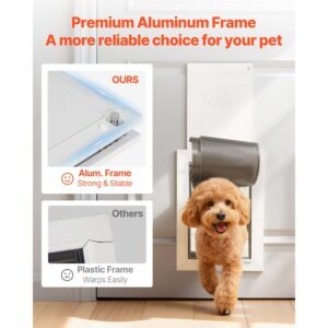 pet door, medium, with double magnetic flaps and metal frame, strong and weatherproof dog door for interior and exterior doors, easy to install, easy in and out access for doggies, white