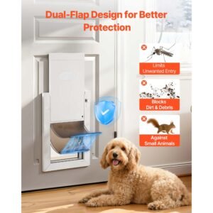 pet door, medium, with double magnetic flaps and metal frame, strong and weatherproof dog door for interior and exterior doors, easy to install, easy in and out access for doggies, white