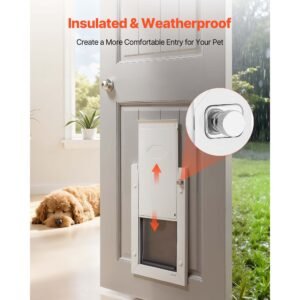 pet door, medium, with double magnetic flaps and metal frame, strong and weatherproof dog door for interior and exterior doors, easy to install, easy in and out access for doggies, white