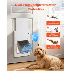 pet door, medium, with three magnetic flaps and metal frame, strong and weatherproof dog door for interior and exterior doors, easy to install, easy in and out access for doggies, white