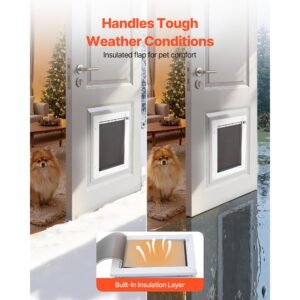 pet door, medium, with three magnetic flaps and metal frame, strong and weatherproof dog door for interior and exterior doors, easy to install, easy in and out access for doggies, white