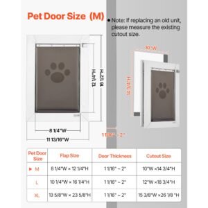 pet door, medium, with three magnetic flaps and metal frame, strong and weatherproof dog door for interior and exterior doors, easy to install, easy in and out access for doggies, white