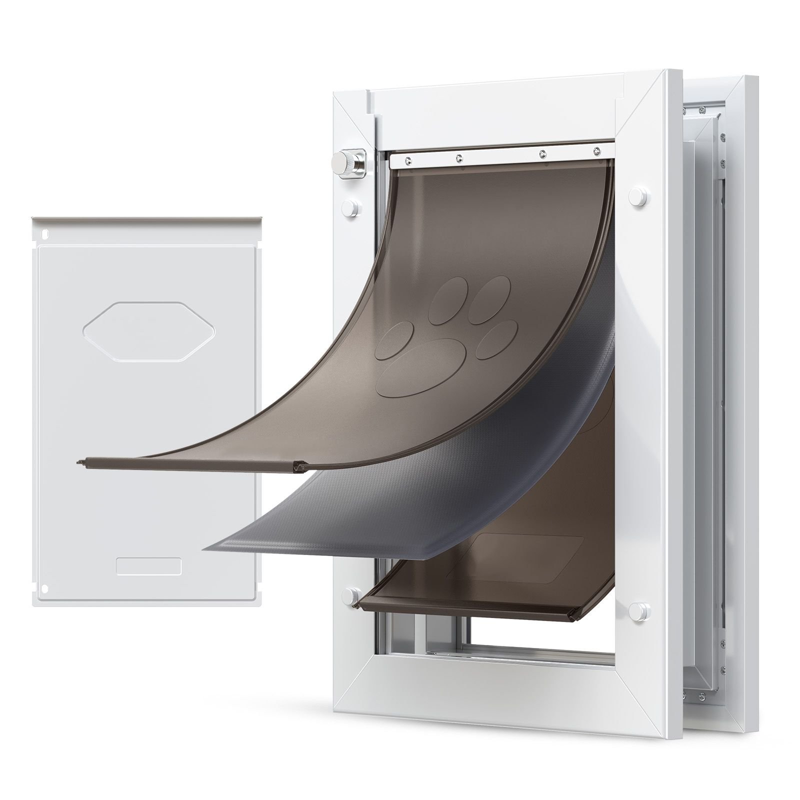 pet door, medium, with three magnetic flaps and metal frame, strong and weatherproof dog door for interior and exterior doors, easy to install, easy in and out access for doggies, white