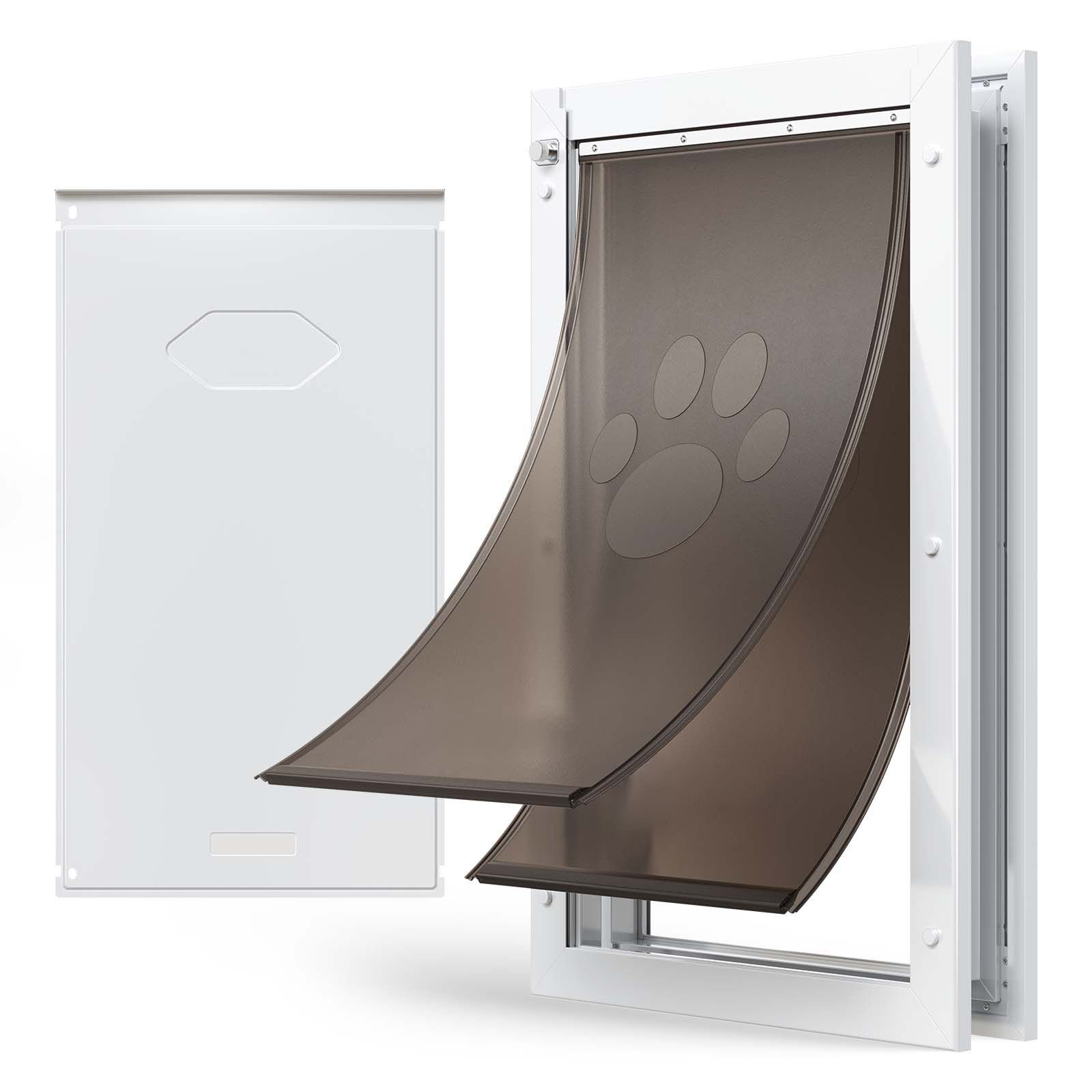 pet door, x large, with double magnetic flaps and metal frame, strong and weatherproof dog door for interior and exterior doors, easy to install, easy in and out access for doggies, white