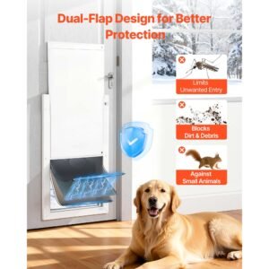 pet door, x large, with three magnetic flaps and metal frame, strong and weatherproof dog door for interior and exterior doors, easy to install, easy in and out access for doggies, white
